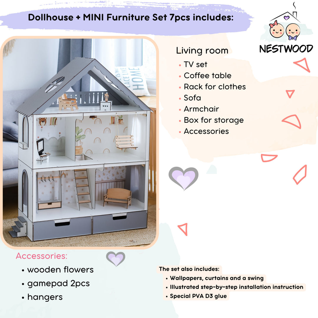 Wooden dollhouse Fantasy with organizer scale 1:6 NestWood Eco