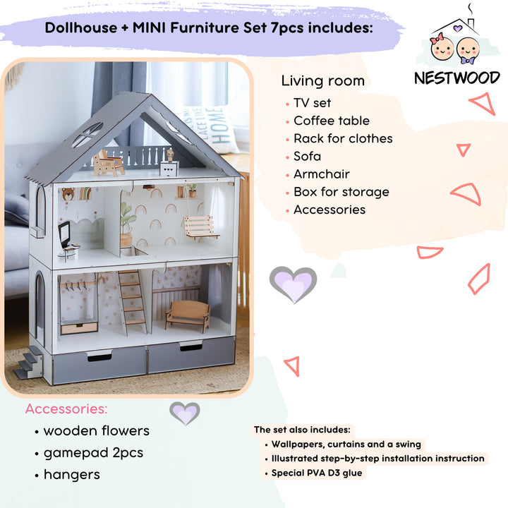 Wooden dollhouse Fantasy with organizer scale 1:6 NestWood Eco