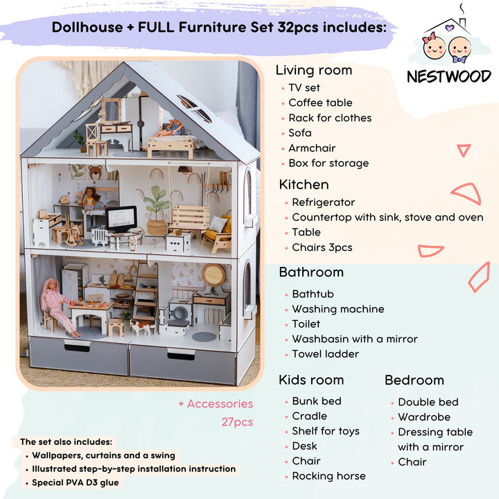 Wooden dollhouse Fantasy with organizer scale 1:6 NestWood Eco