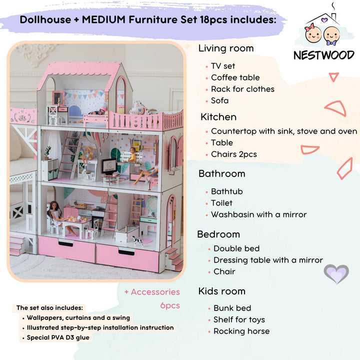 Wooden dollhouse Lux with organizer, balcony and terrace scale 1:6 NestWood pink