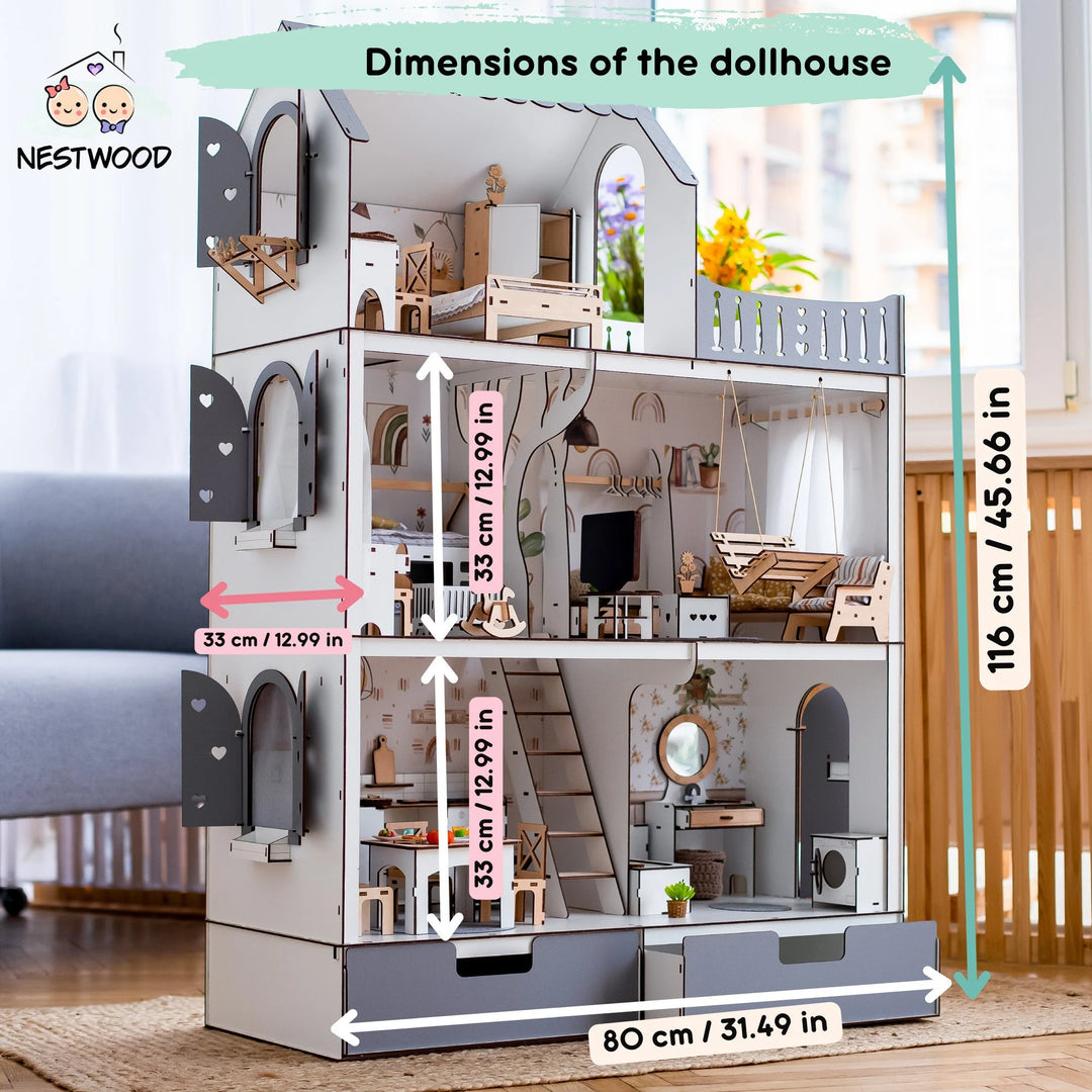 Wooden dollhouse Lux with organizer scale 1:6 NestWood Eco