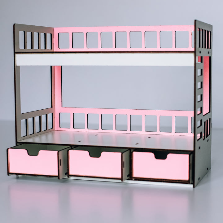 Wooden doll bunk bed with drawers scale 1:6 NestWood pink