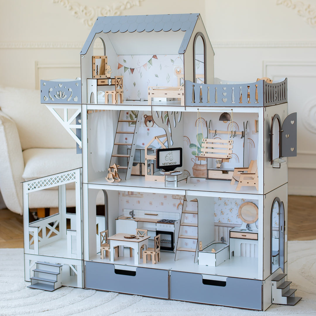 Wooden dollhouse Lux with organizer, balcony and terrace scale 1:6 NestWood Eco