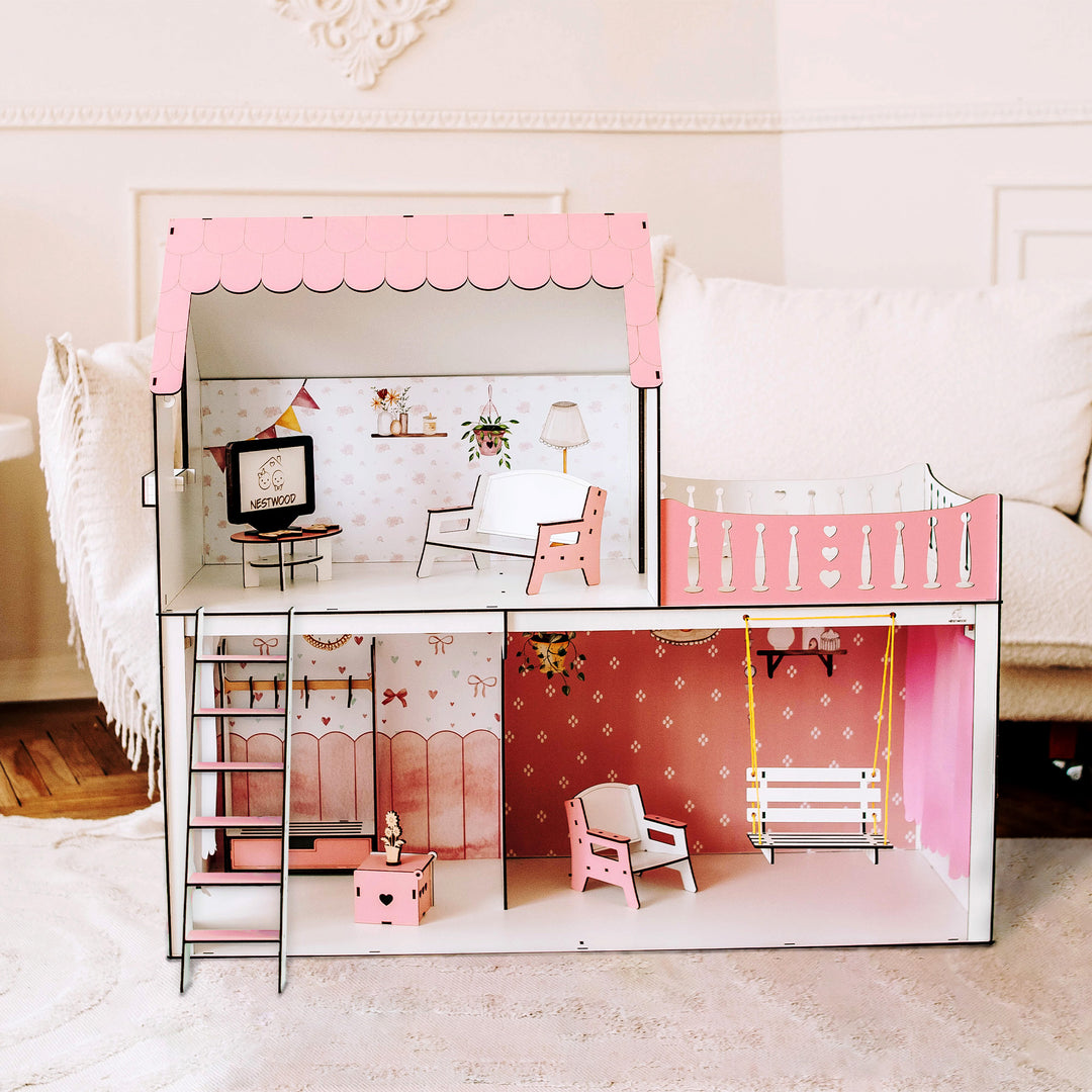 Puppenhaus Dream aus Holz im Maßstab 1:6 NestWood rosa