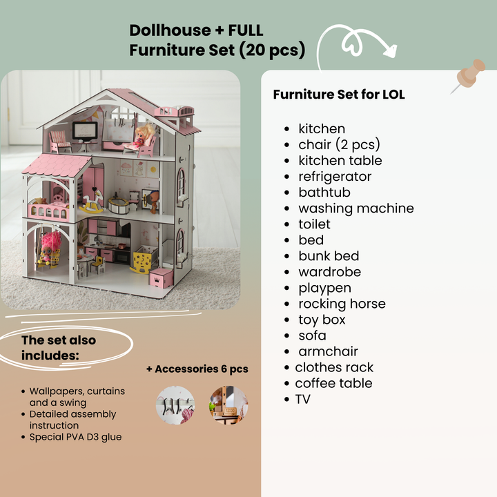 Dollhouse with furniture set and list of included items on a green background