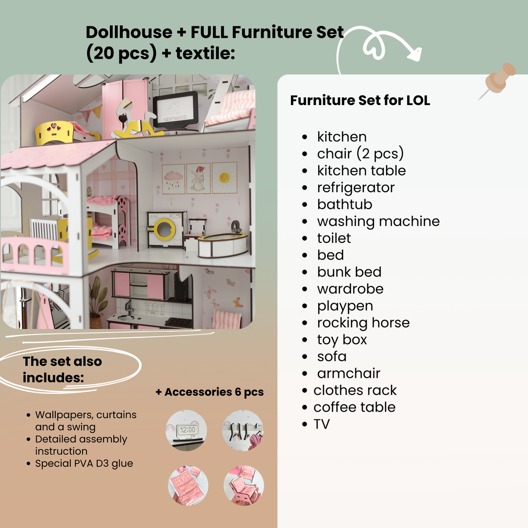 Dollhouse with furniture set and text listing included items