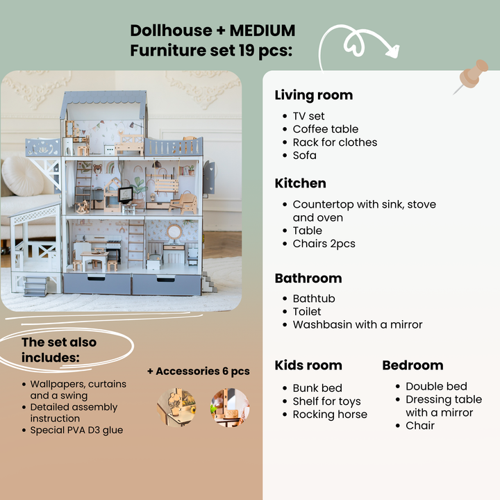 Dollhouse with medium furniture set and list of included items on a green background