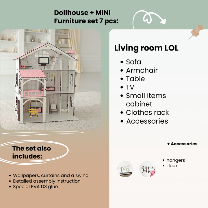 Dollhouse with miniature furniture set on a beige background