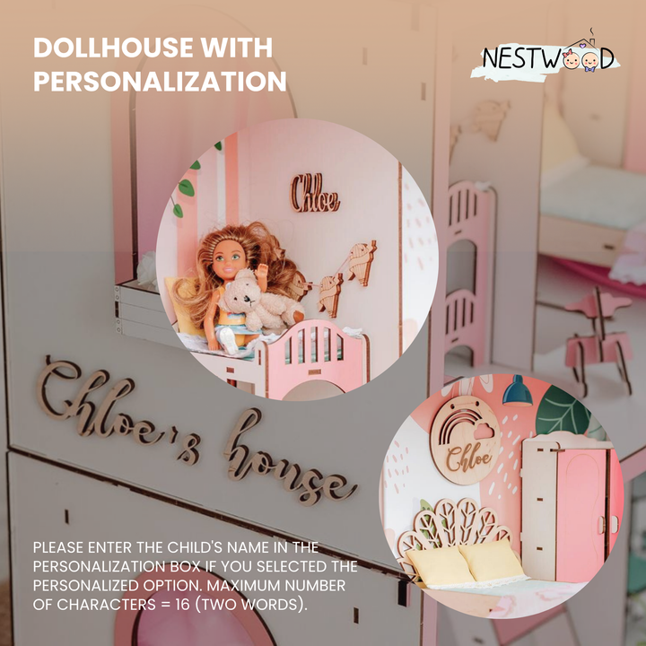 Dollhouse with personalized name 'Chloe' and toys on a light background.