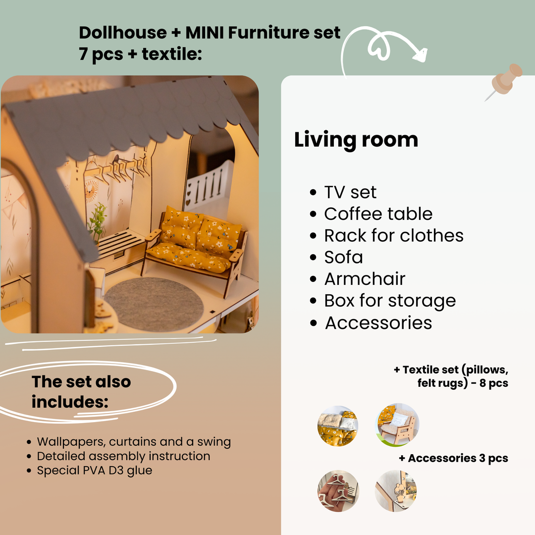 Dollhouse living room set with furniture and text detailing included items.