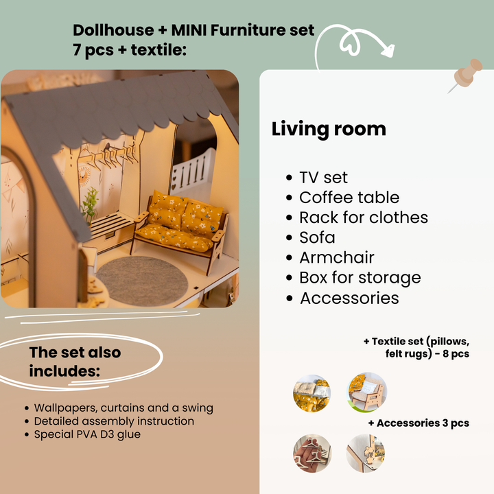 Dollhouse living room set with furniture and text detailing included items.
