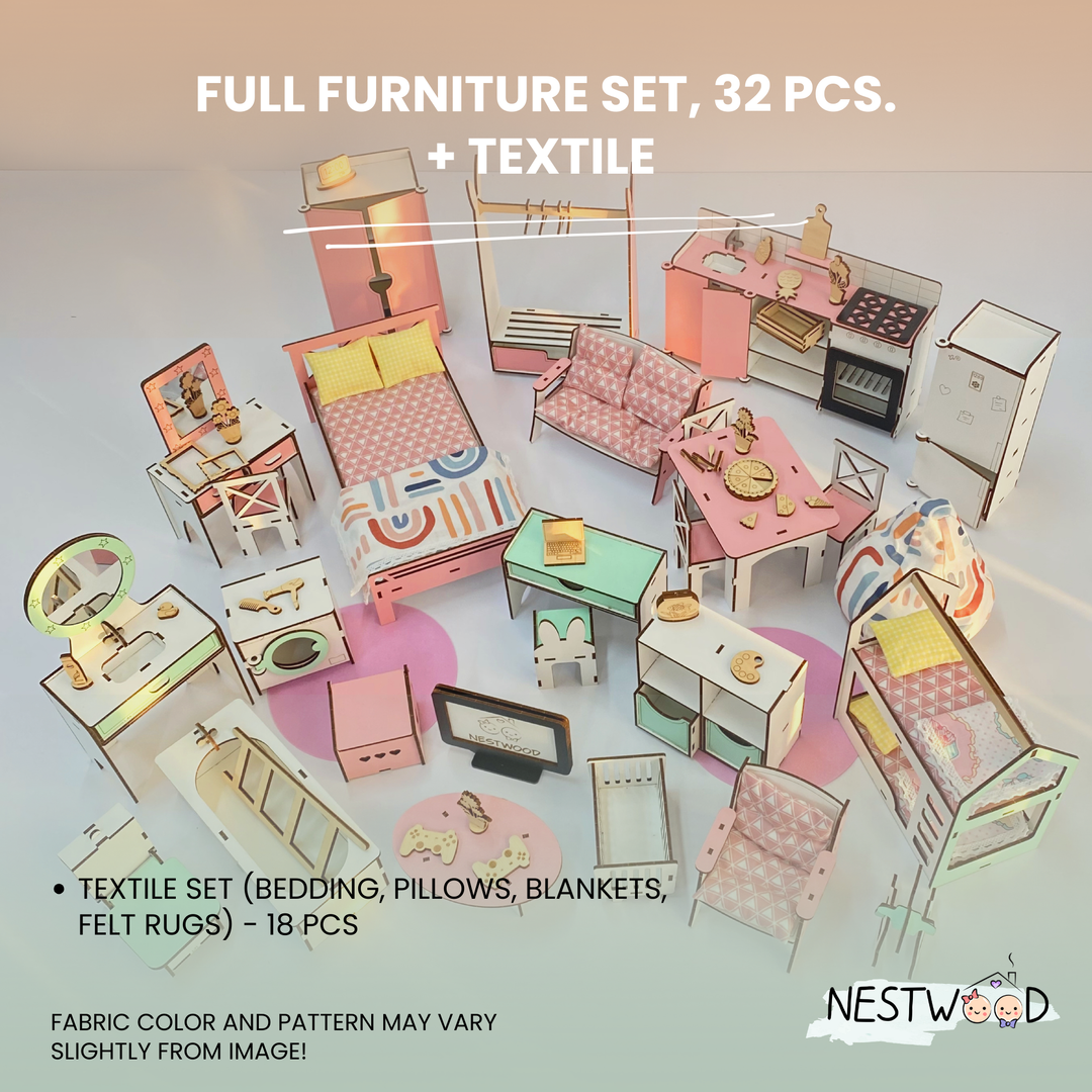 Miniature furniture set with textile items on a light background, featuring the brand 'NESTWOOD'.