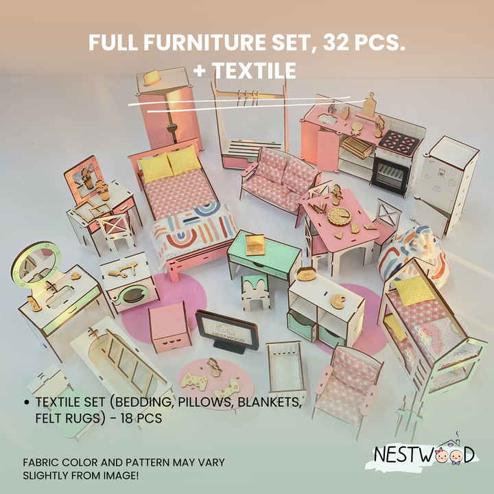Miniature furniture set with textile items on a light background, featuring the brand 'NESTWOOD'.