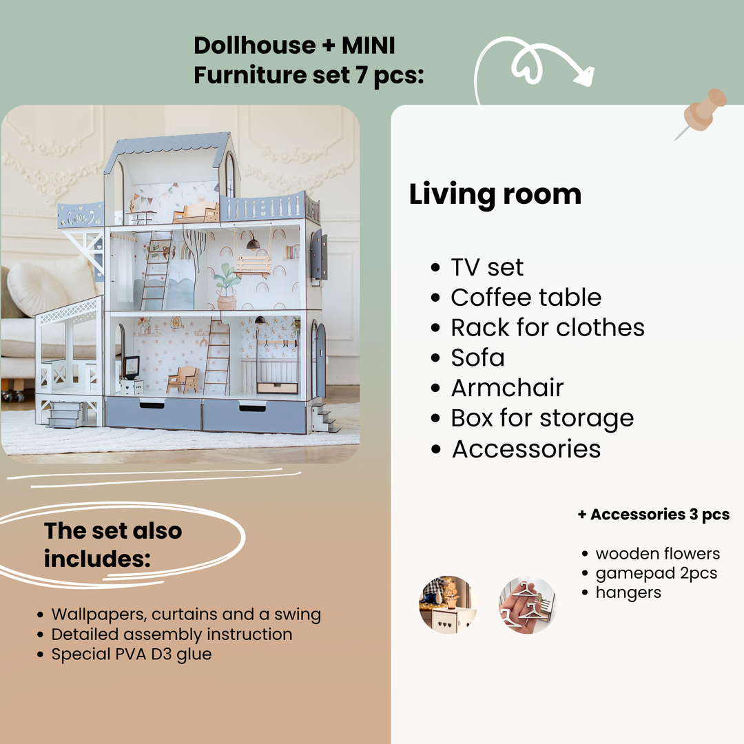 Dollhouse with miniature furniture set on a beige background