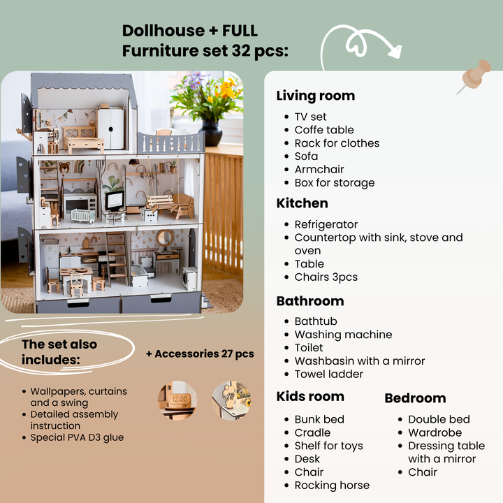 Dollhouse with furniture set and list of included items on a green background