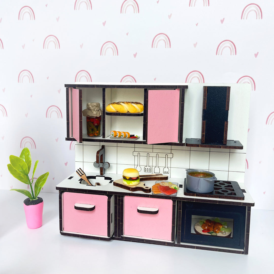 Wooden Kitchen + Bathroom furniture set in scale 1:12 NestWood Pink