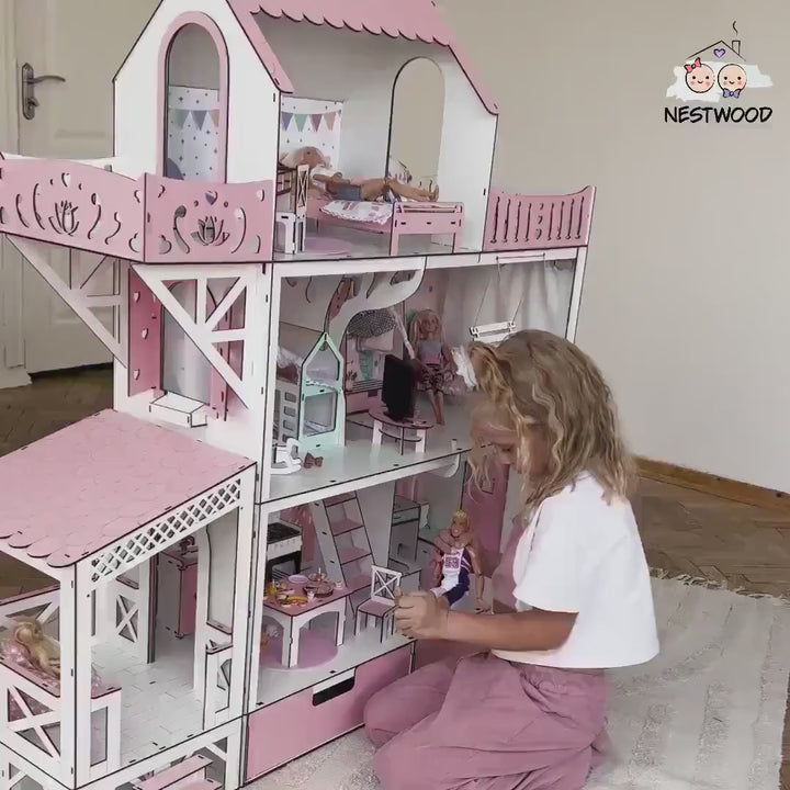 Wooden dollhouse Lux with organizer, balcony and terrace scale 1:6 NestWood pink