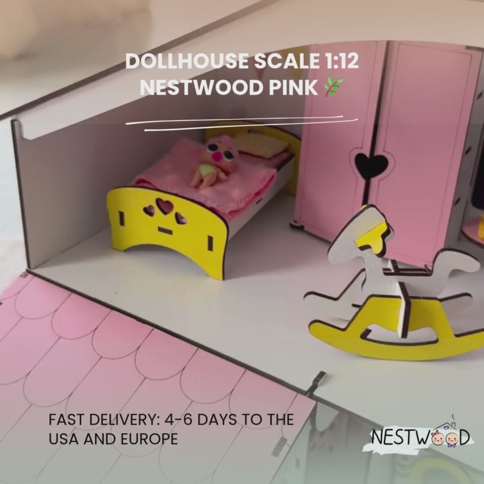 Wooden dollhouse Smart House with organizer and elevator scale 1:12 NestWood Pink