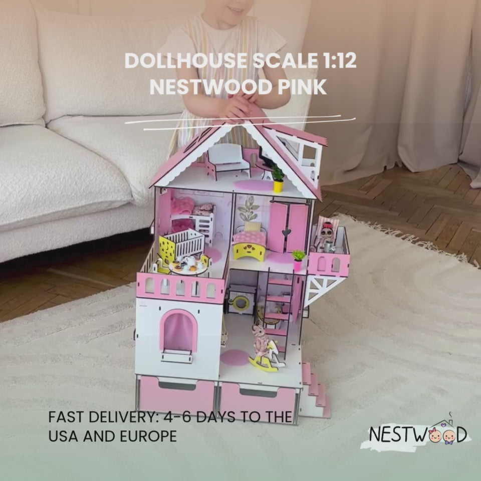 Wooden dollhouse Mini cottage with organizer scale 1:12 NestWood Pink