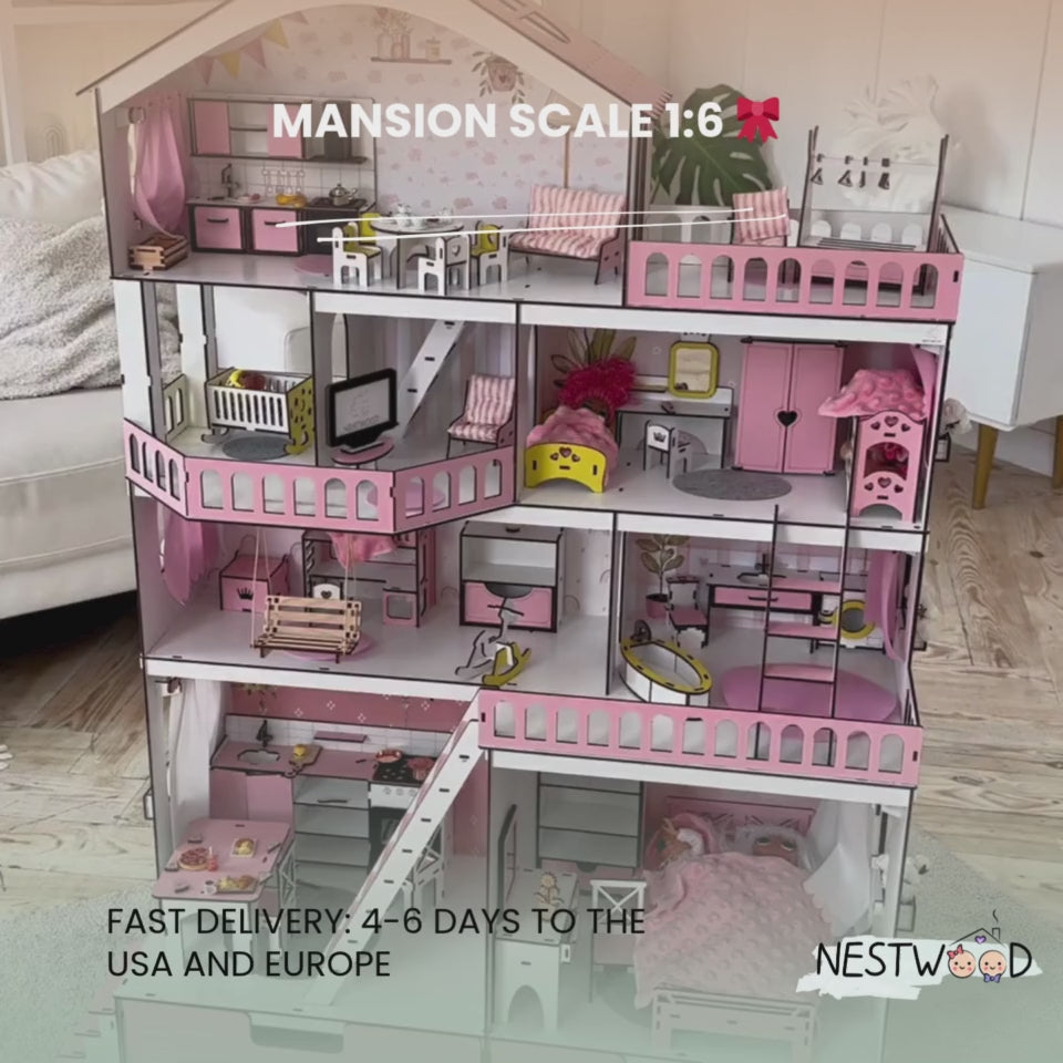 Wooden dollhouse Mansion scale 1:6 NestWood pink