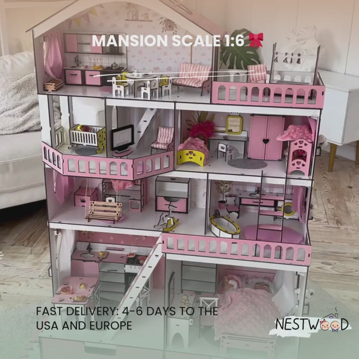 Wooden dollhouse Mansion scale 1:6 NestWood pink