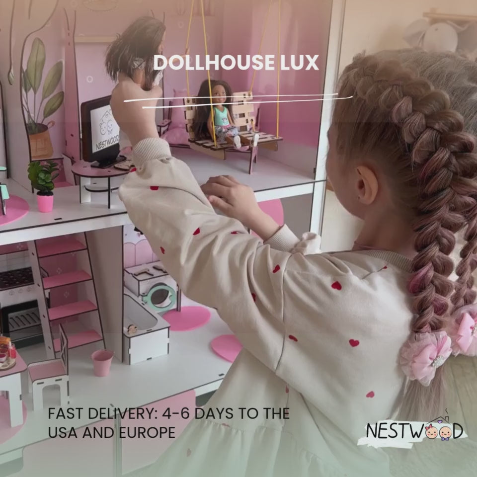 Wooden dollhouse Lux with organizer scale 1:6 NestWood pink