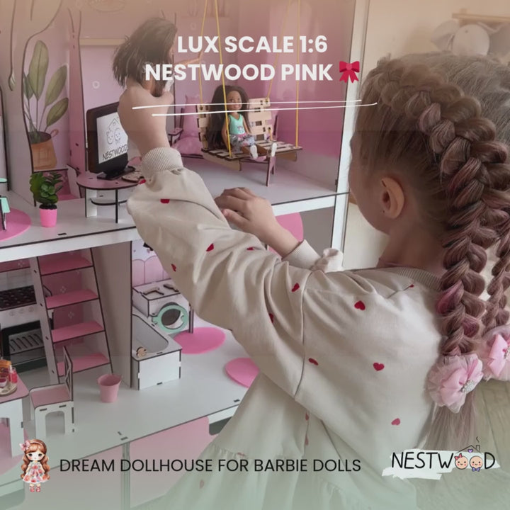 Wooden dollhouse Lux with organizer scale 1:6 NestWood pink