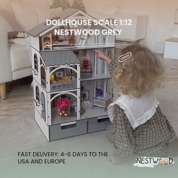 Wooden dollhouse Smart House with organizer and elevator scale 1:12 NestWood Eco