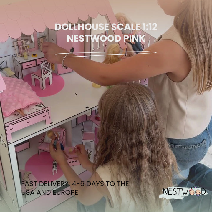 Wooden dollhouse Dream with organizer scale 1:6 NestWood Pink