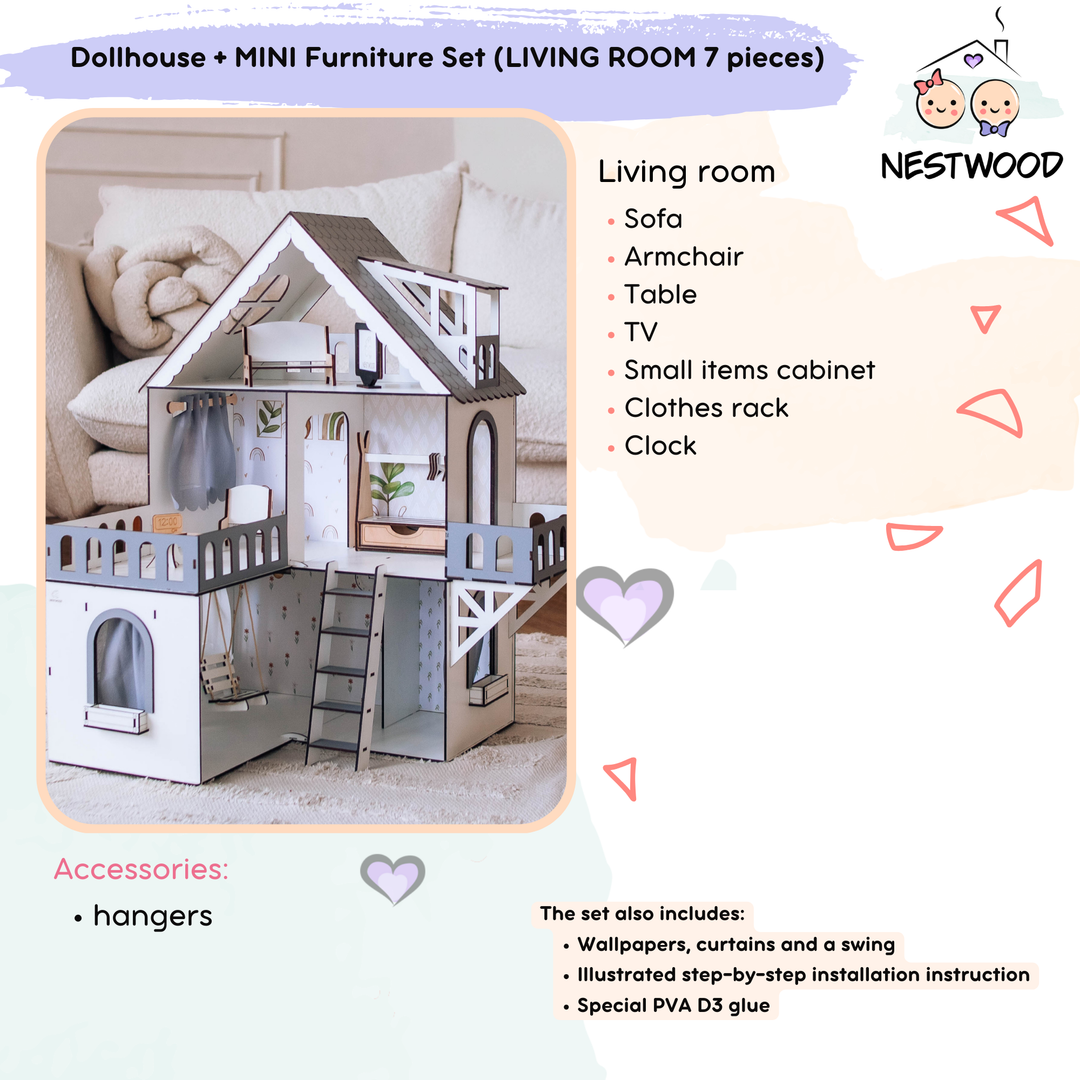 Wooden dollhouse Mini cottage scale 1:12 NestWood Eco