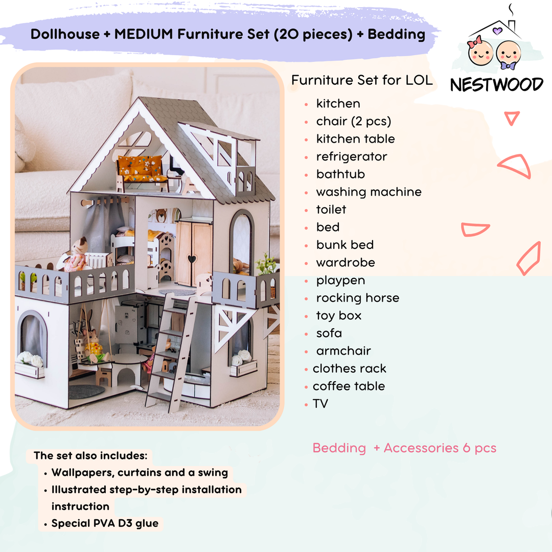 Wooden dollhouse Mini cottage scale 1:12 NestWood Eco