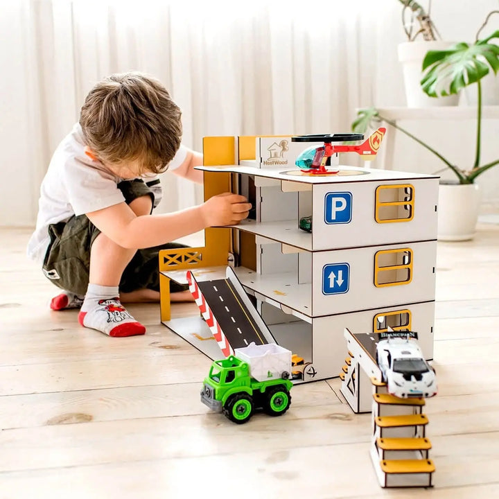 wooden car garage, toy car garage, parking garage toy,