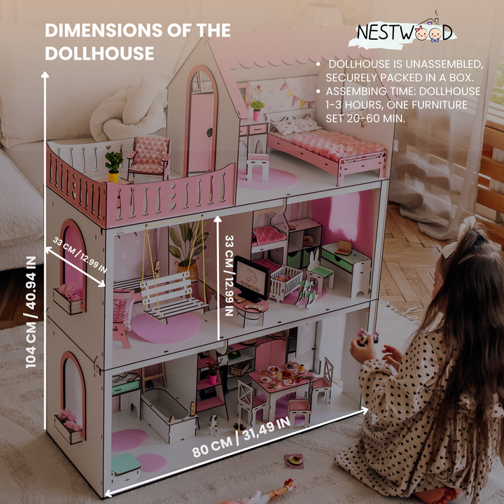Dollhouse with measurements and a child playing with it, featuring NestWood branding.