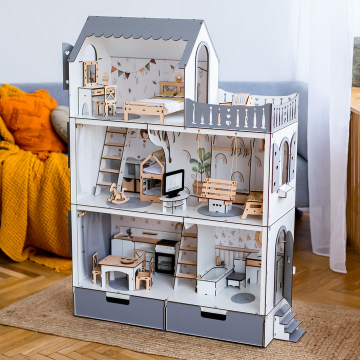 A beige and white dollhouse with a child arranging a small doll in a room, showcasing the product's use.