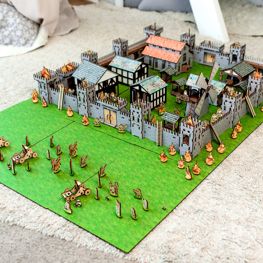 A wooden medieval castle playset featuring a modular design for creative role-play. Includes toy knights, catapults, and fortress walls, perfect for kids’ medieval battles. An eco-friendly wooden toy, designed as a 3D puzzle castle